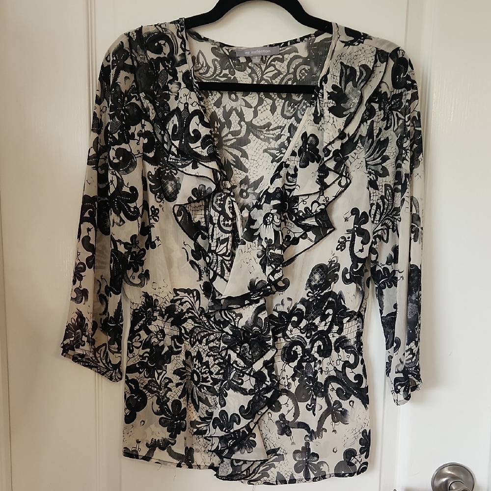NY Collection Ruffle V Neck Sheer Top - Picture 4 of 10